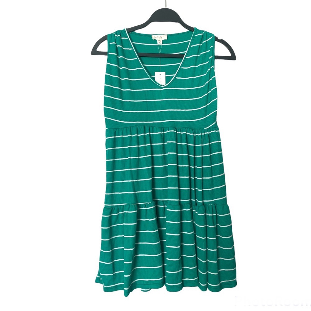 See You Monday Sleeveless Tiered Green/White Striped Mini Dress Tunic Small NWT